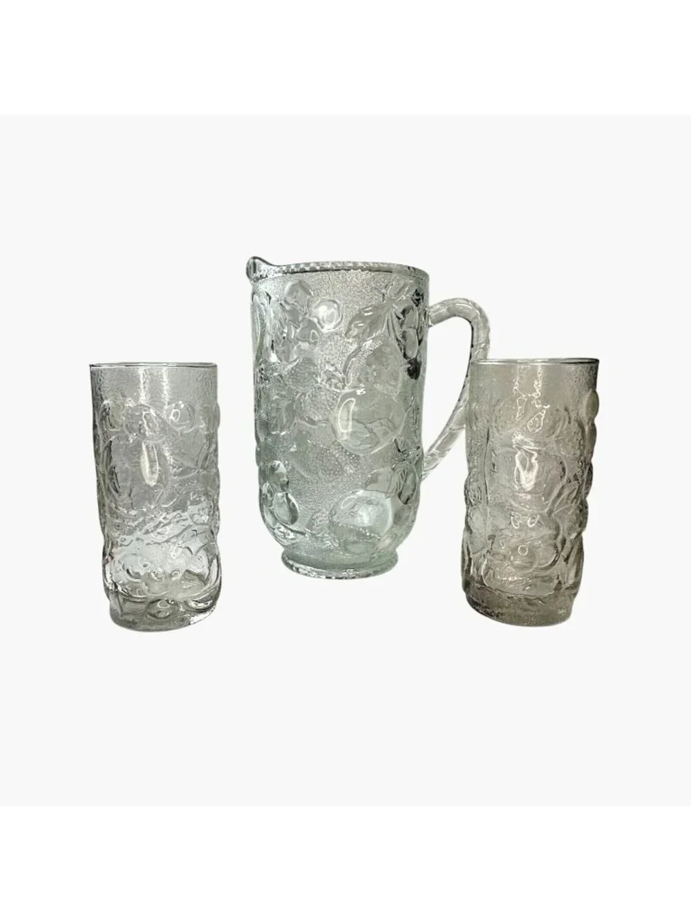 VTG Libbey Orchard Fruit Clear Pitcher + 2 Glasses Pressed Glass Raised Fruit